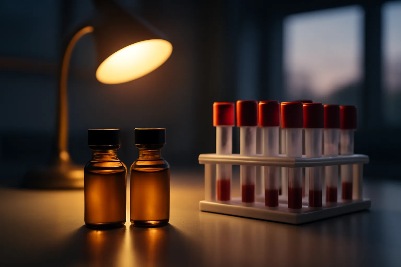 Two amber medicine vials and blood test tubes on a lab bench under lamp light