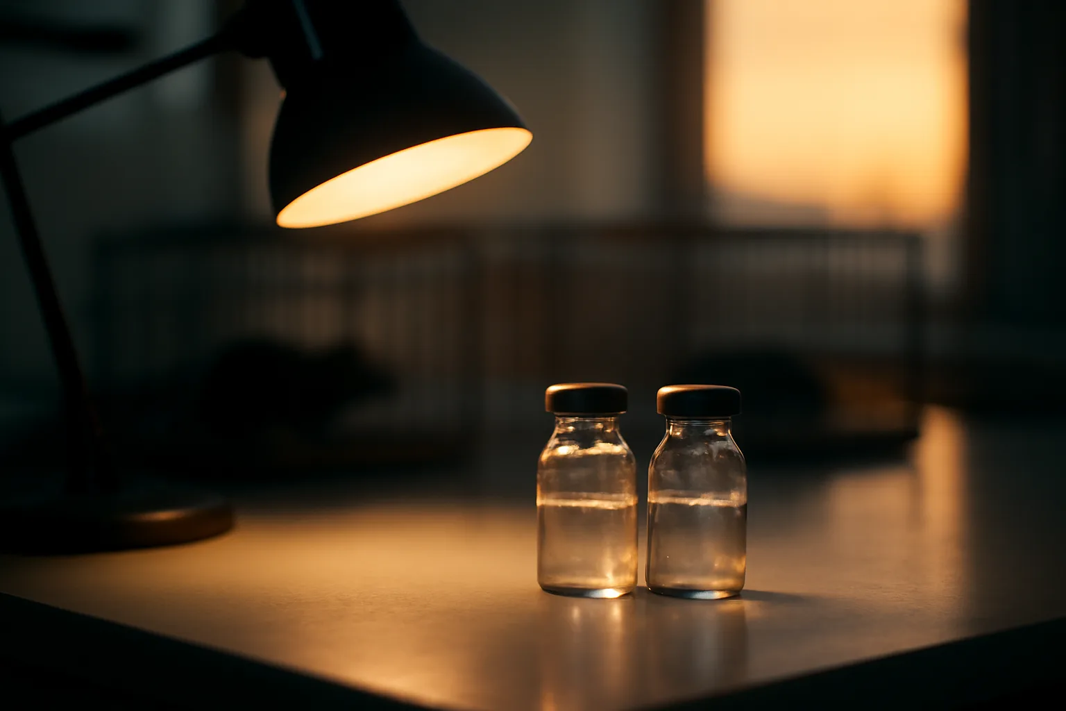 Lab bench with two vials representing sirolimus and NAD+ research under warm light
