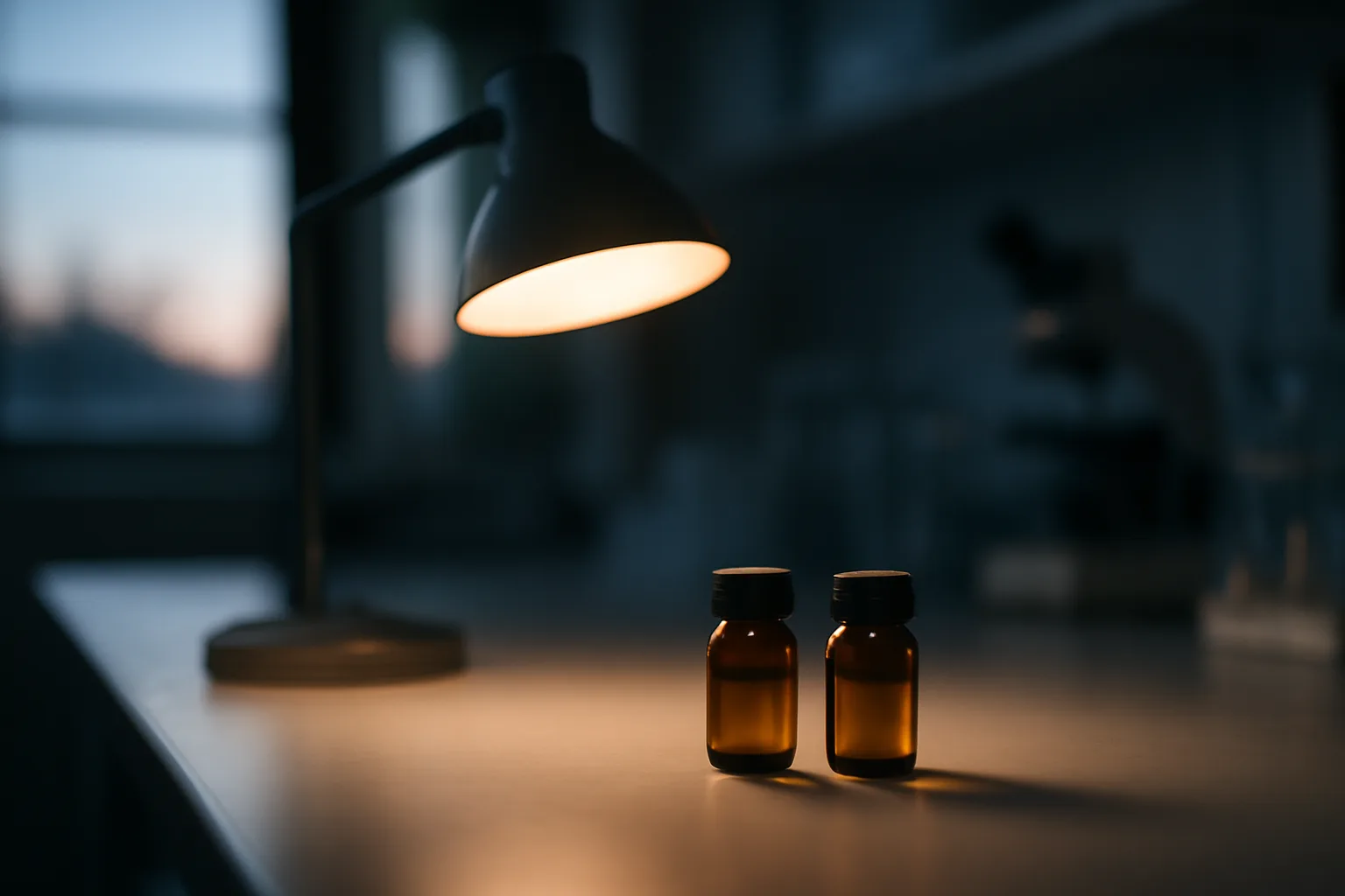 Two amber glass vials on a lab bench representing sirolimus rapamycin and everolimus comparison