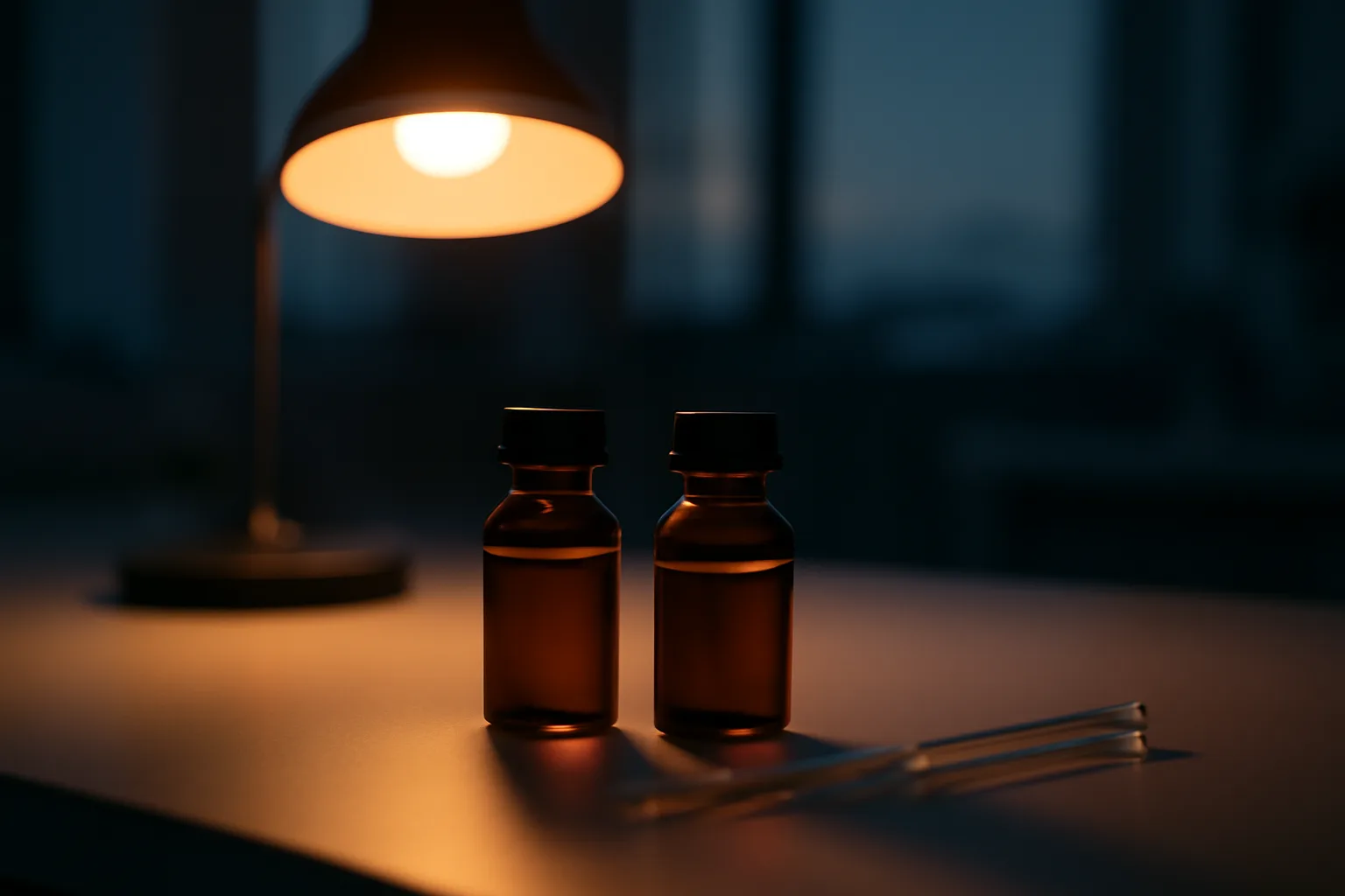 Lab bench with amber vials representing rapamycin and senolytic research compounds
