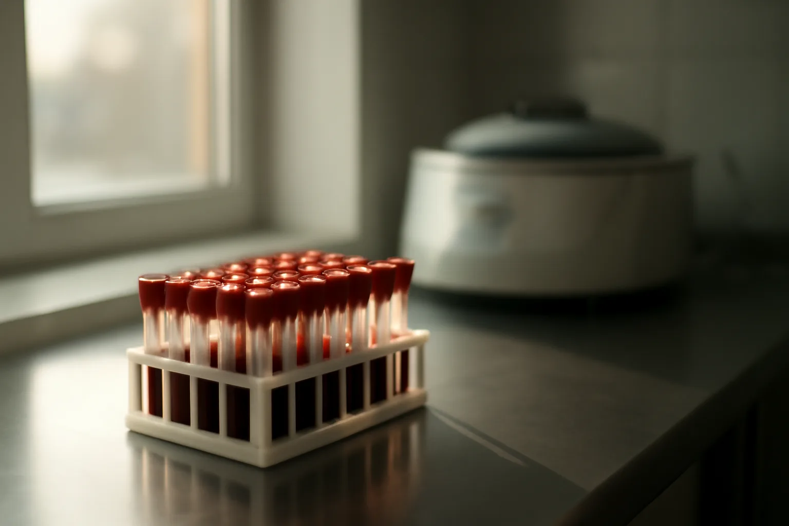 Lab bench with blood sample tubes illustrating sirolimus blood level monitoring timeline