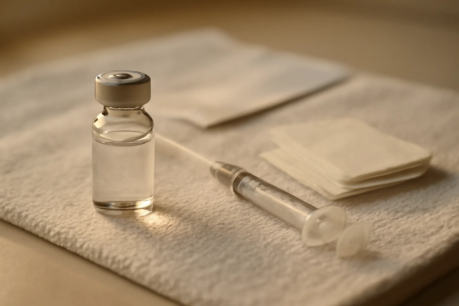 Vial, syringe, and alcohol swabs laid out for reconstituting Sirolimus Rx at home