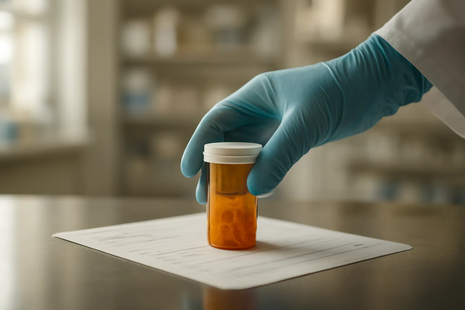 Pharmacist placing prescription bottle and lab paperwork on a pharmacy counter