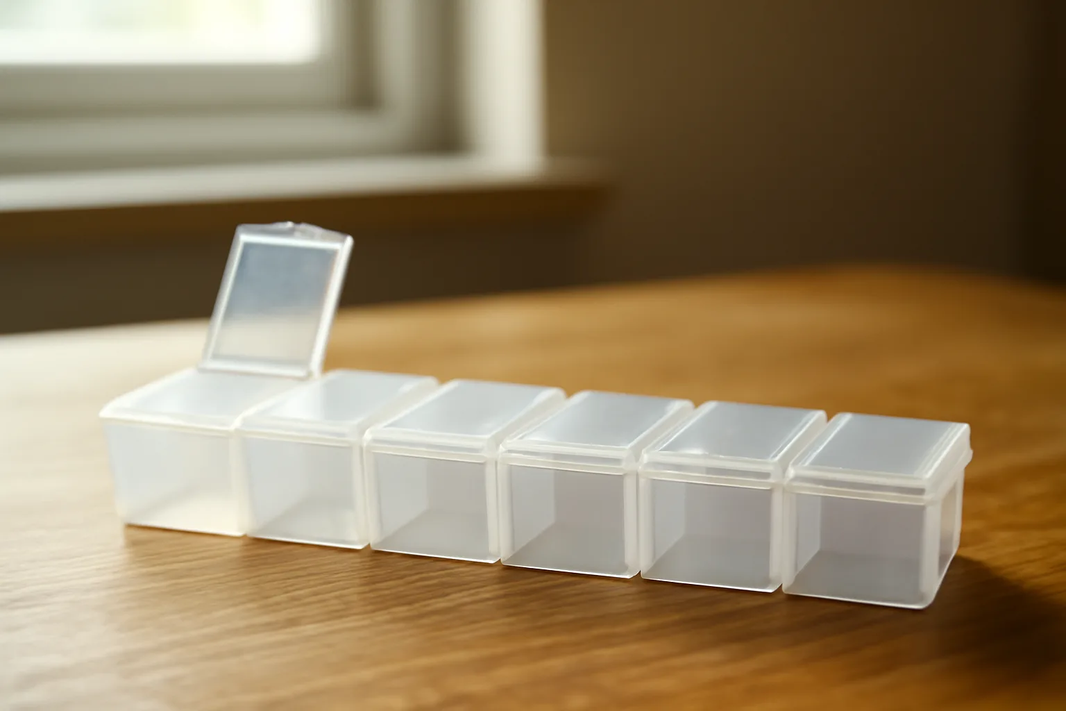 Weekly pill organizer illustrating a sirolimus rx dosing interval on a kitchen counter