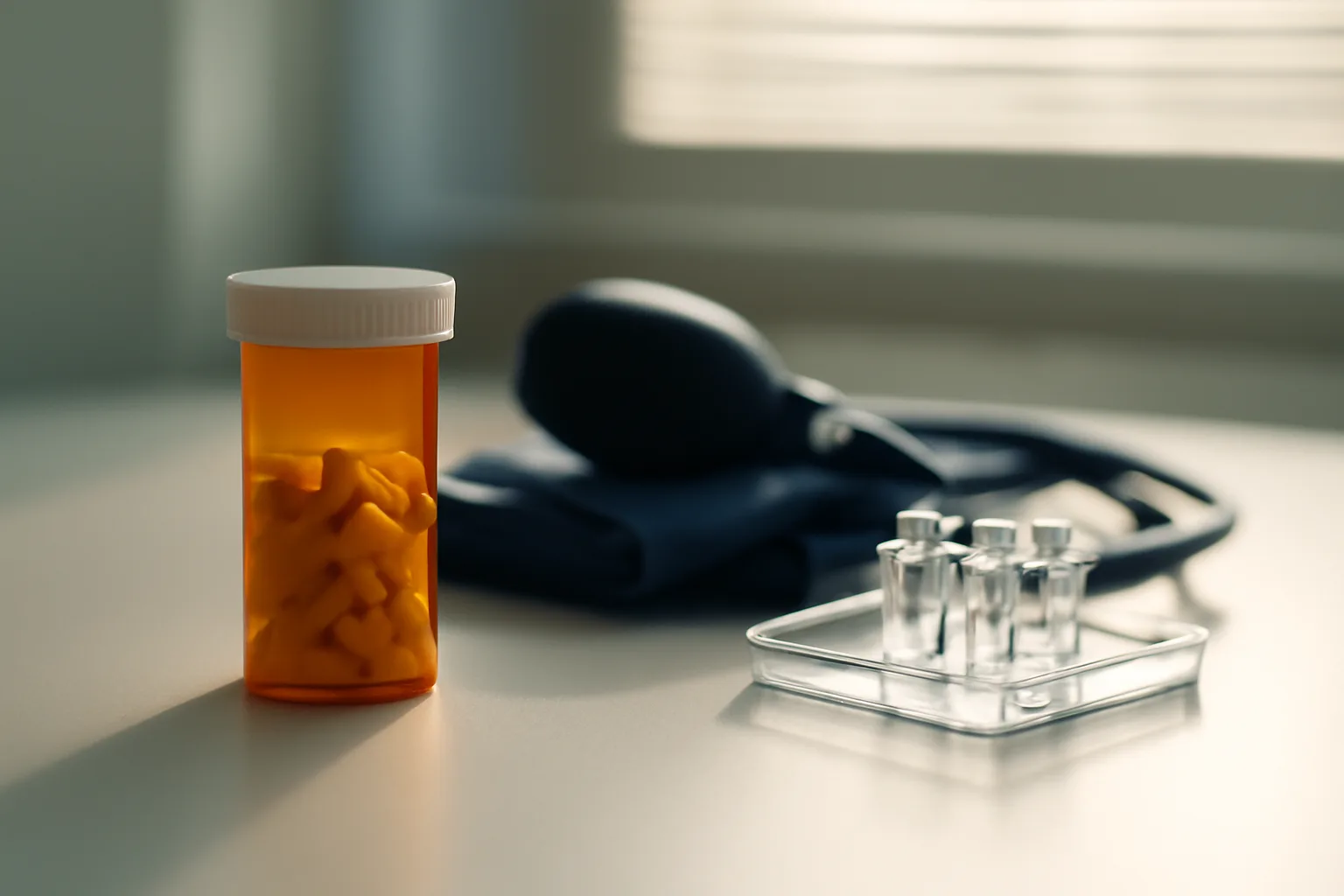 Amber medication vial and clinical supplies on a counter, representing sirolimus dosage decisions