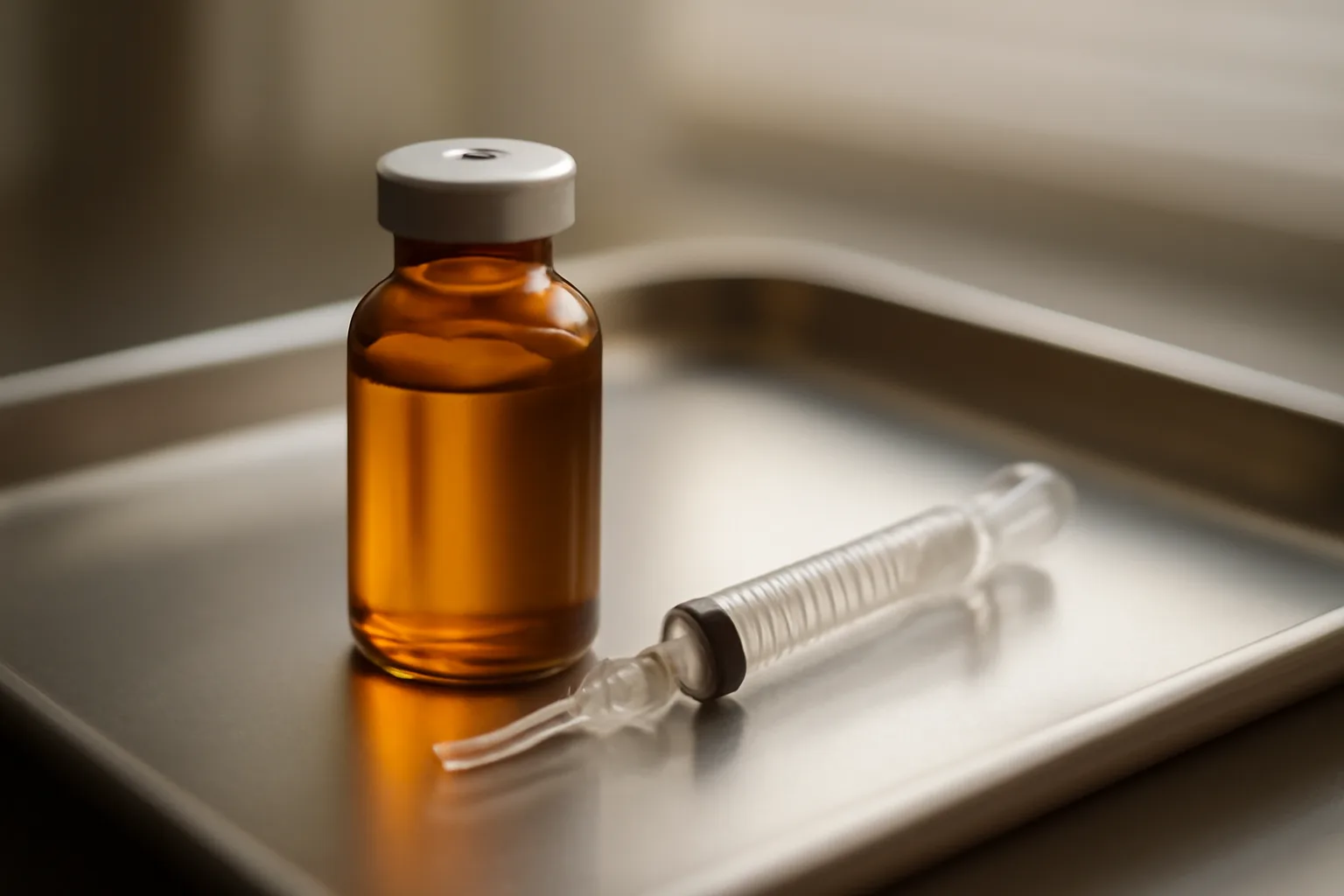 Vial and syringe on a steel tray representing sirolimus dosing and clearance timing