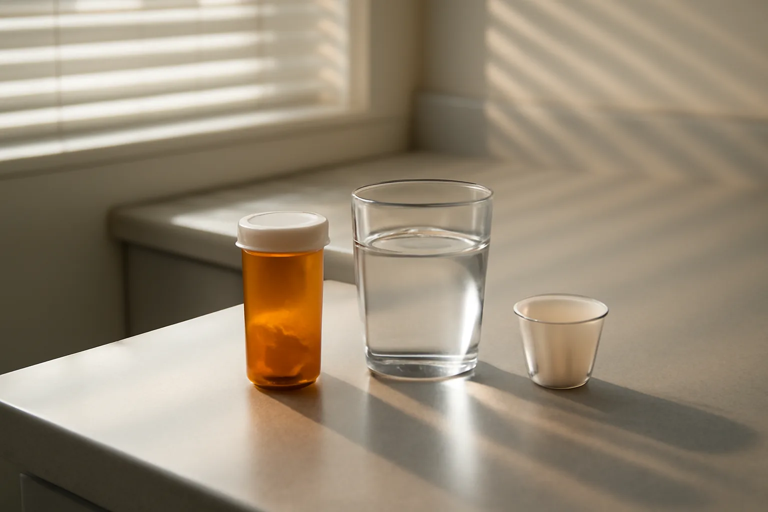 Prescription tablet bottle and water glass on exam room counter, representing oral sirolimus dosing