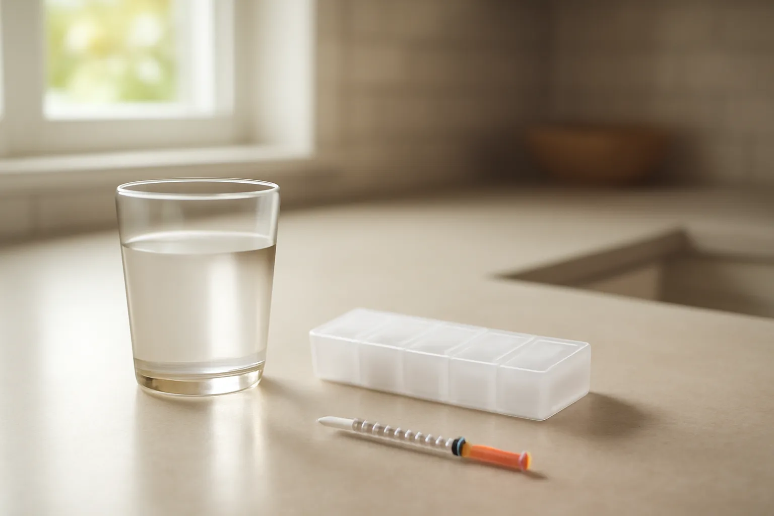 Oral dosing syringe and water glass on a counter, illustrating sirolimus injection site confusion