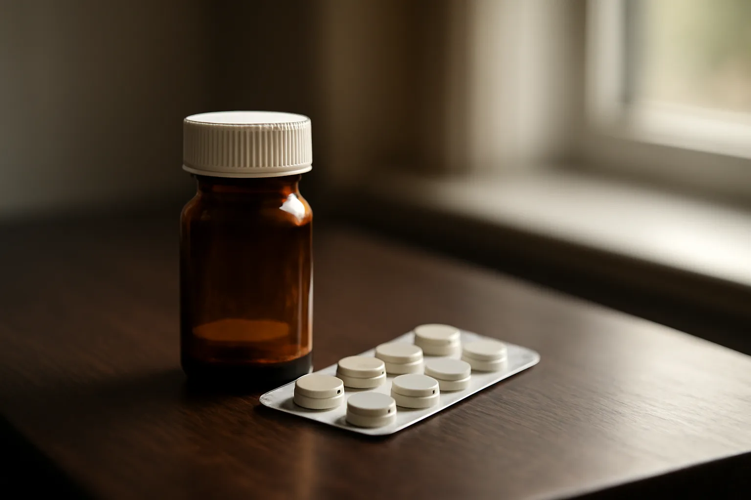 Amber medicine bottle and tablets stored on a shaded shelf away from sunlight