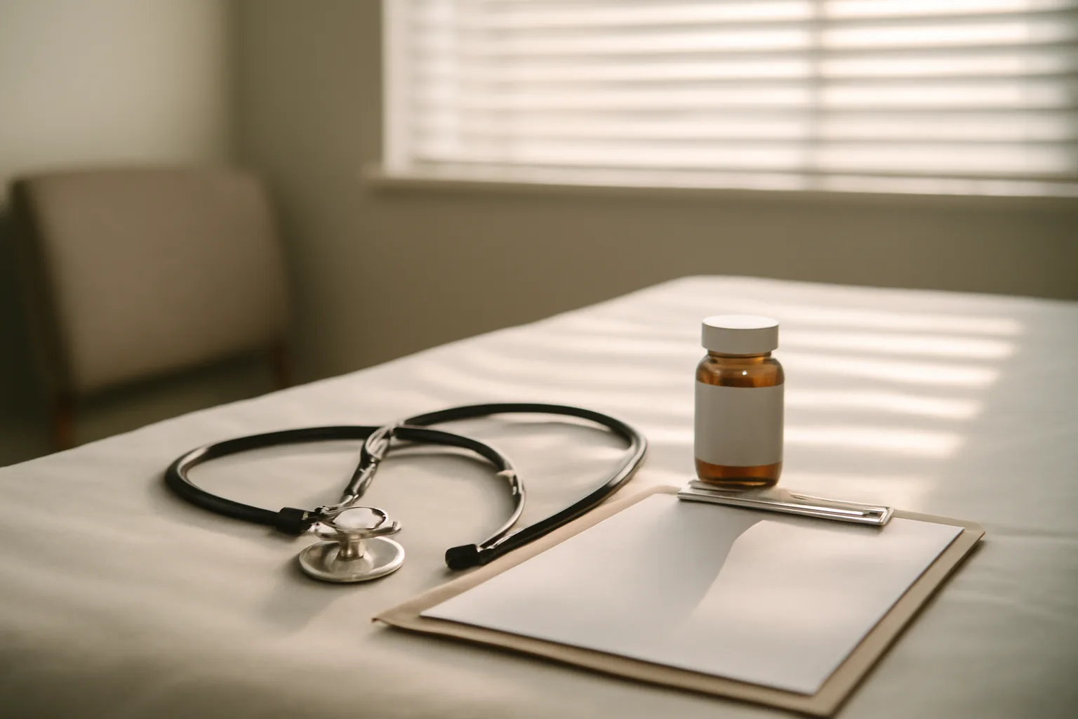 Exam room table with stethoscope and unlabeled prescription vial, evoking sirolimus FDA approval status