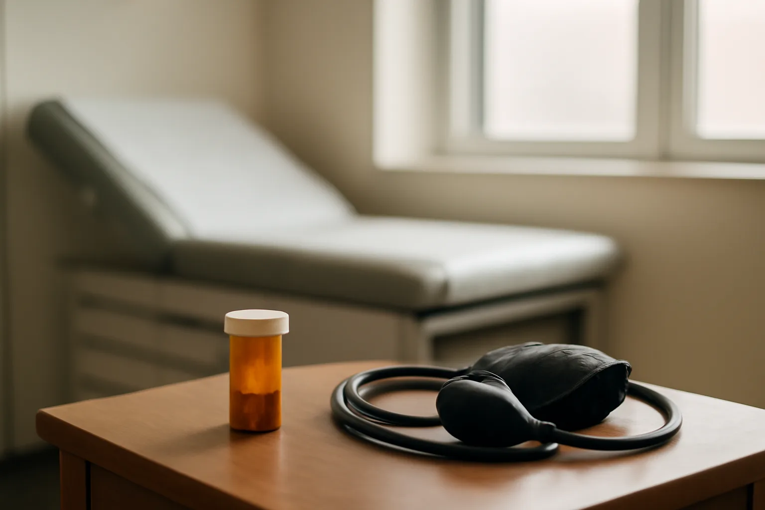Amber prescription bottle on exam room table representing sirolimus off-label prescribing decision