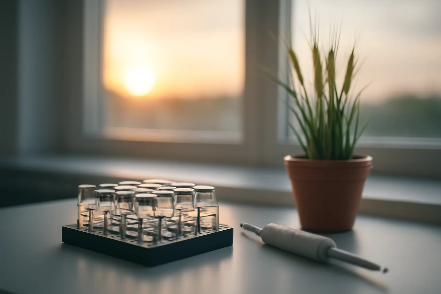 Lab bench with vials and a wheat germ plant, representing natural alternatives to sirolimus