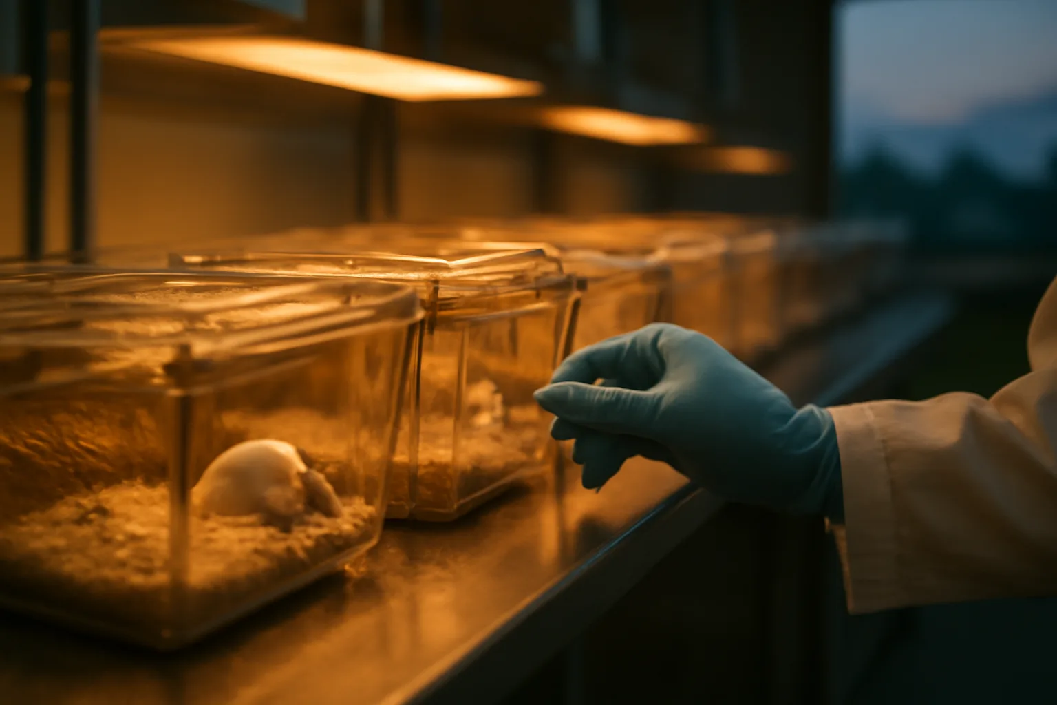 Researcher checking mouse cages in a lab studying longevity drug candidates