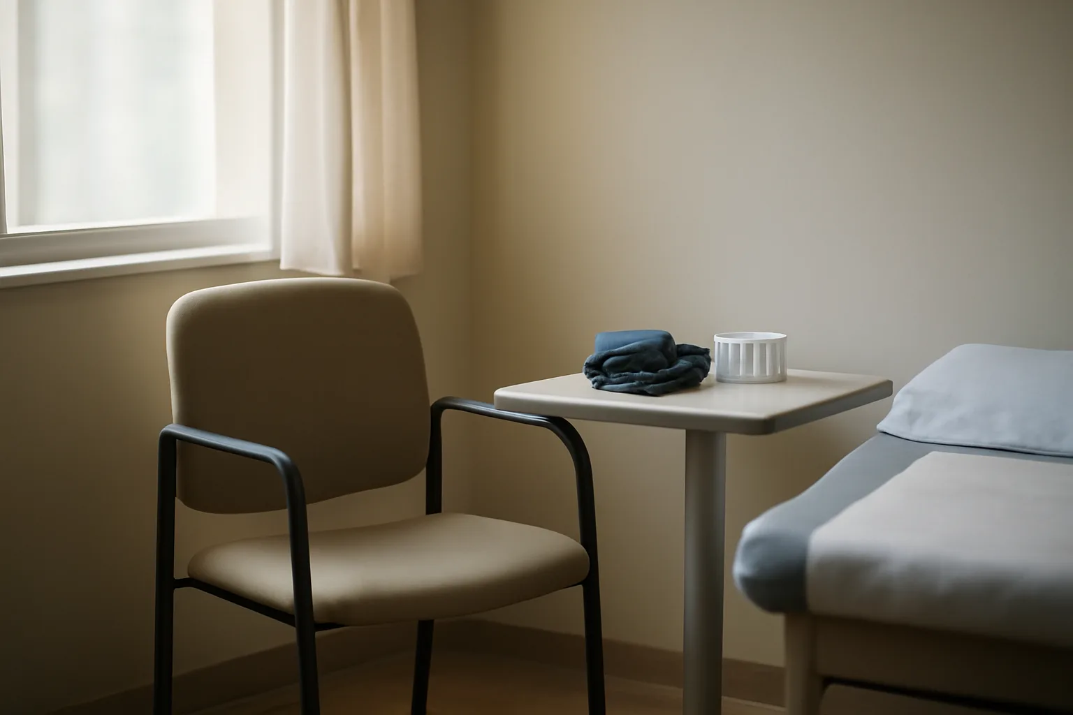 Empty clinical exam room with lab vials, representing sirolimus before and after monitoring