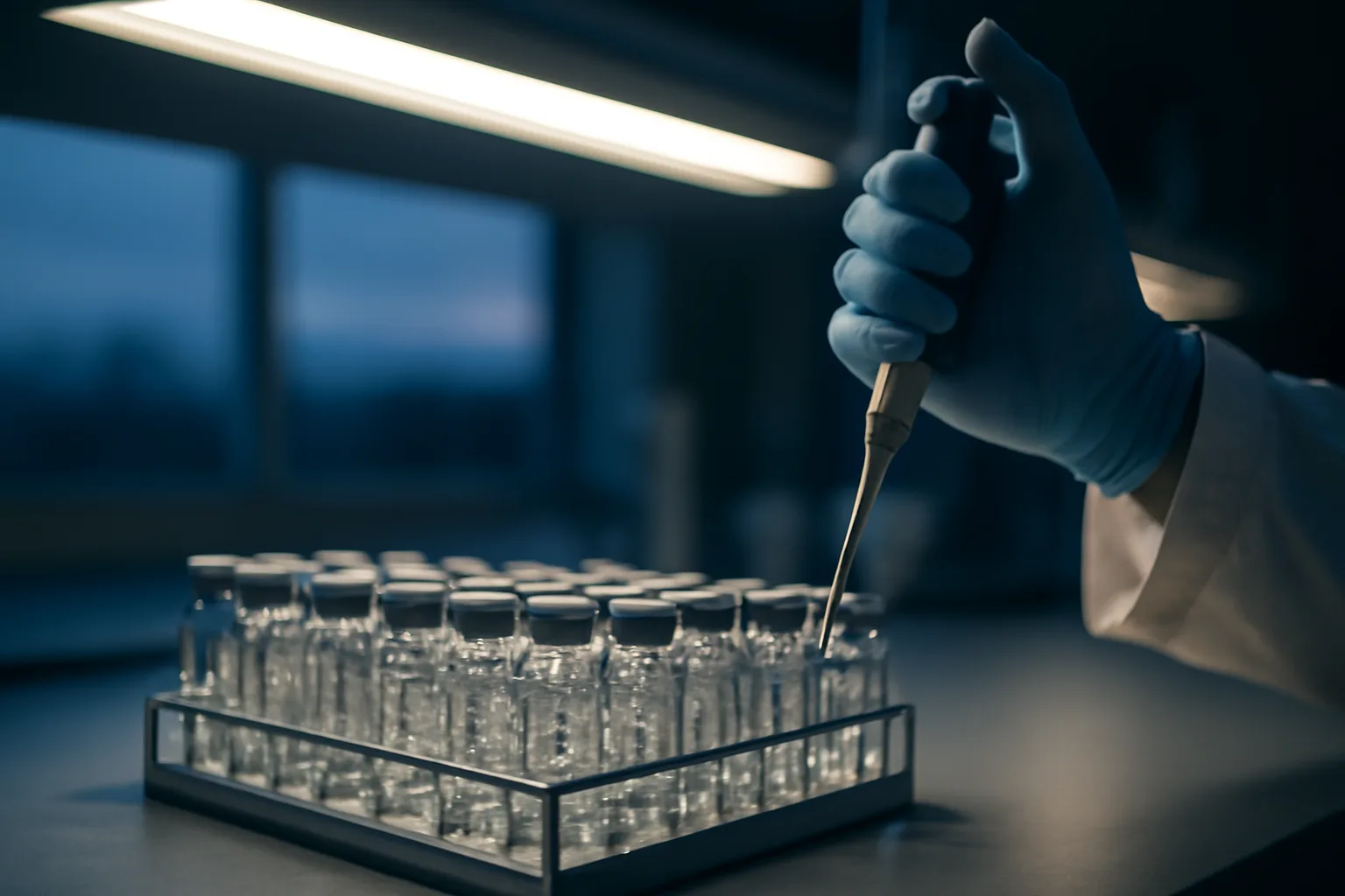 Researcher's gloved hand adjusting a pipette near vials in a clinical trial lab