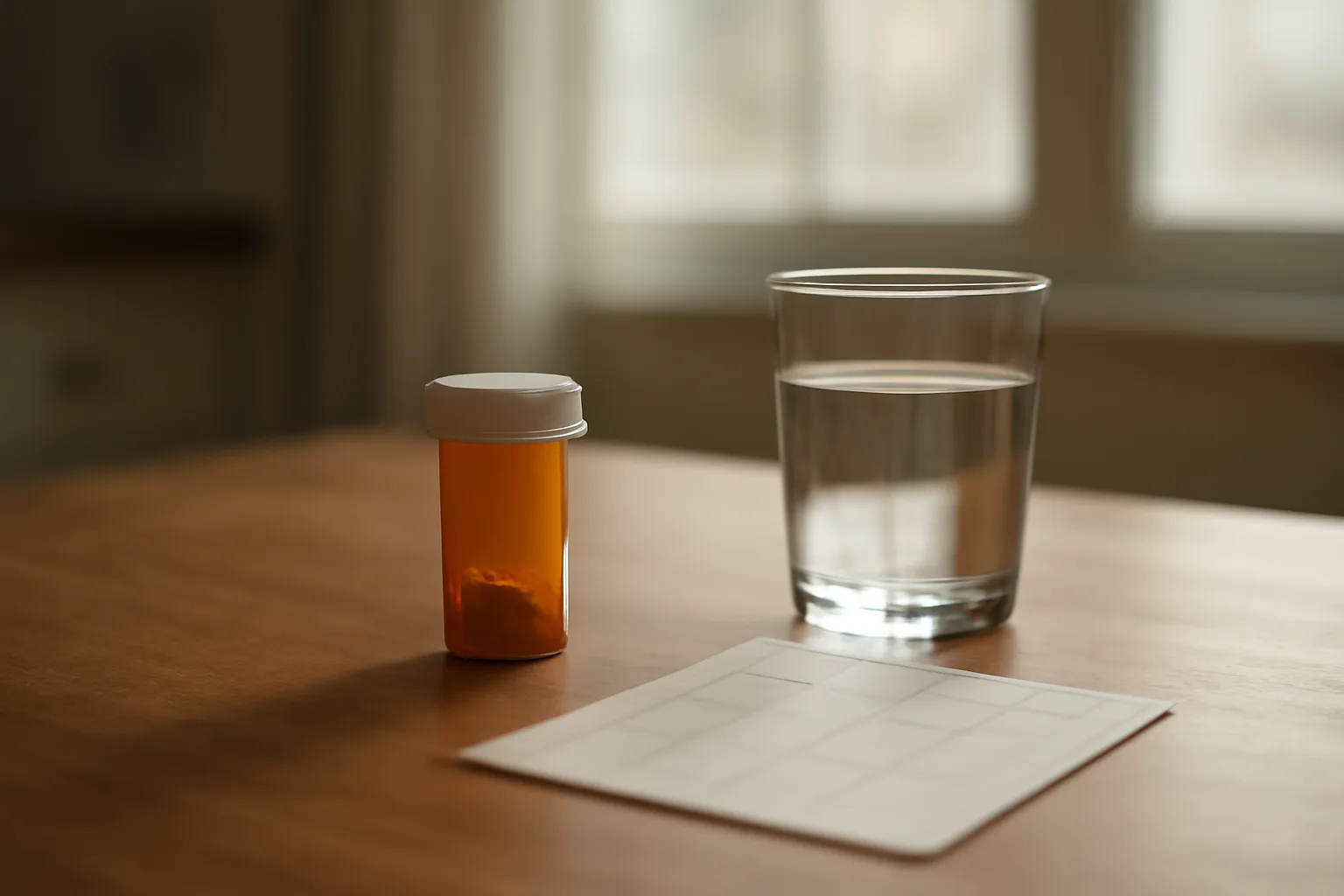 Prescription bottle and water glass on a kitchen table, morning light, first month of sirolimus