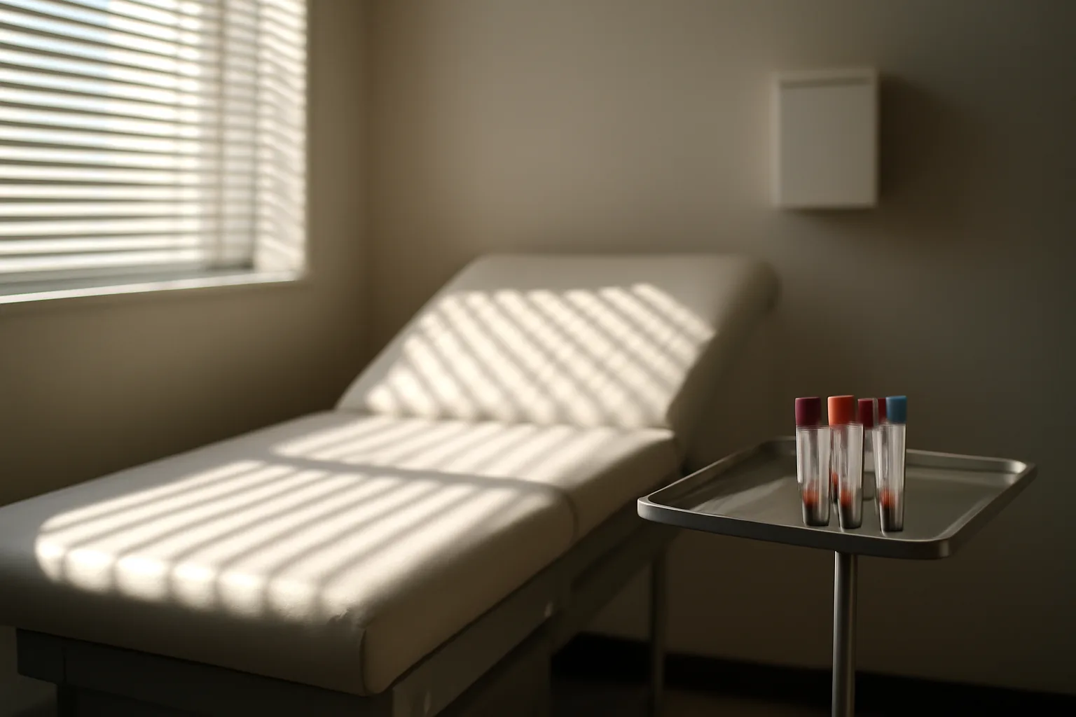 Sunlit clinical exam room with blood vials, evoking sirolimus for beginners bloodwork monitoring