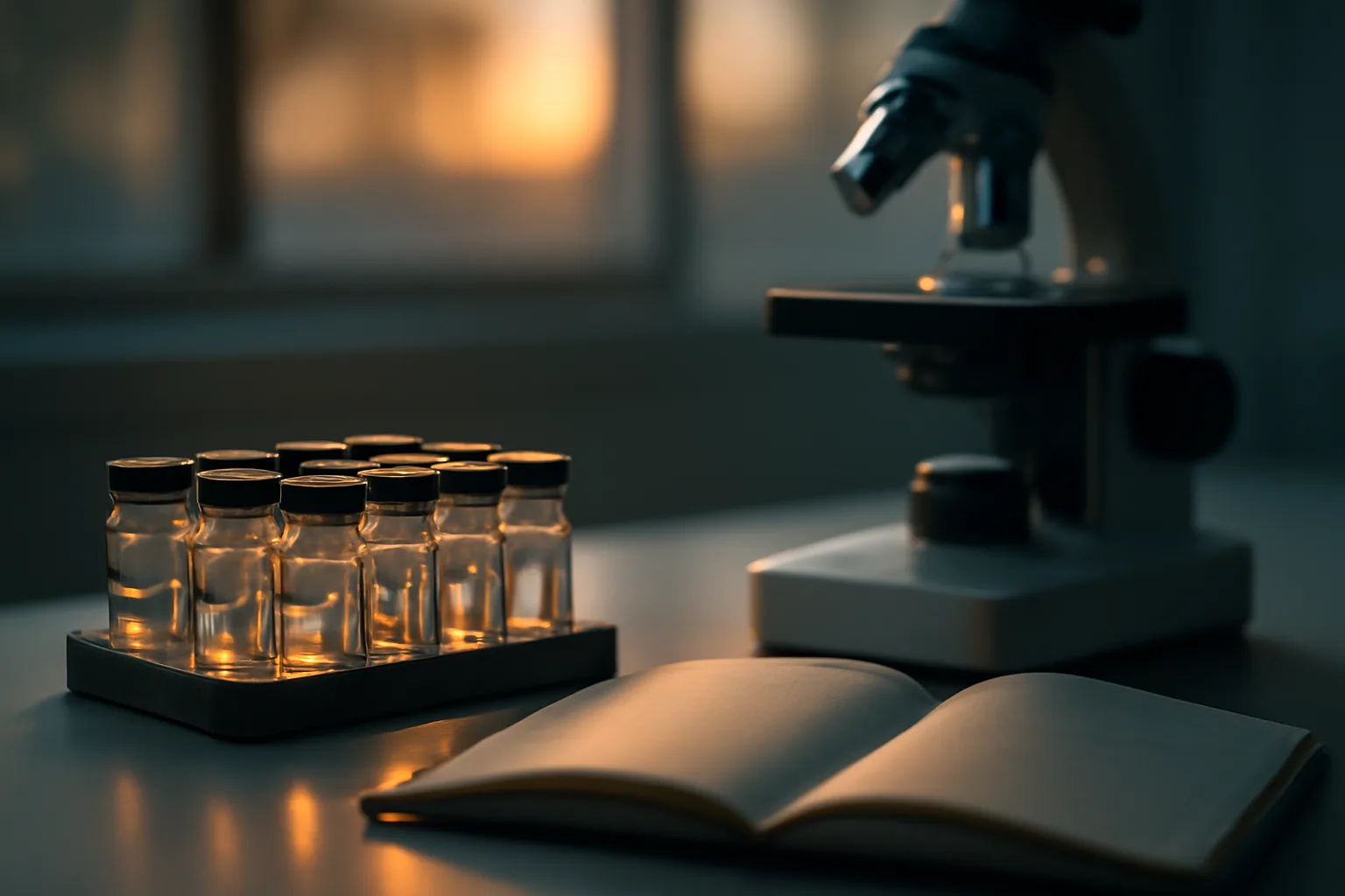 Lab bench with vials and notebook representing sirolimus rx human studies research
