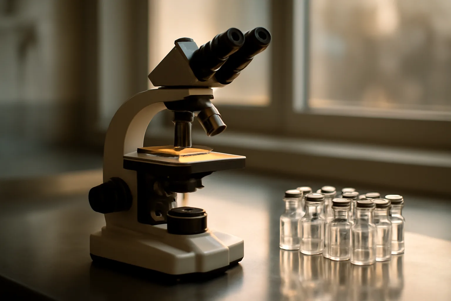 Laboratory microscope and glass vials illustrating sirolimus mechanism of action research