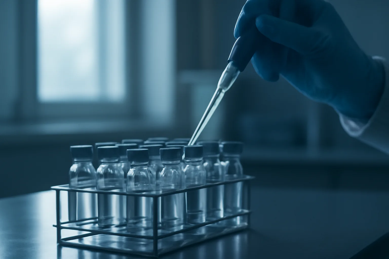 Researcher's gloved hand handling lab vials on a bench, evoking sirolimus pros and cons research