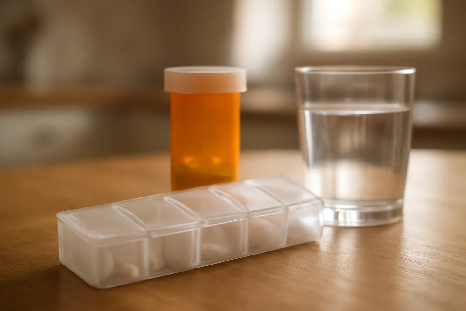 Weekly pill organizer and prescription bottle on a counter, illustrating sirolimus rebound effect dosing questions