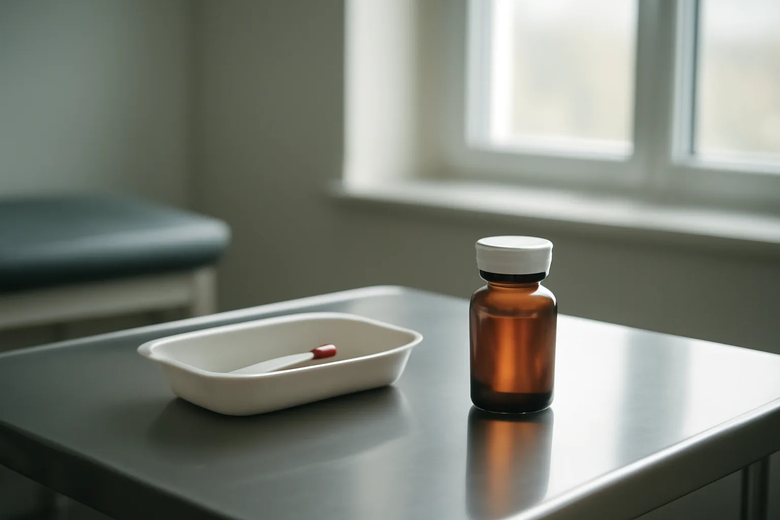 Exam room counter with medication bottle and lab draw tray illustrating a sirolimus results timeline