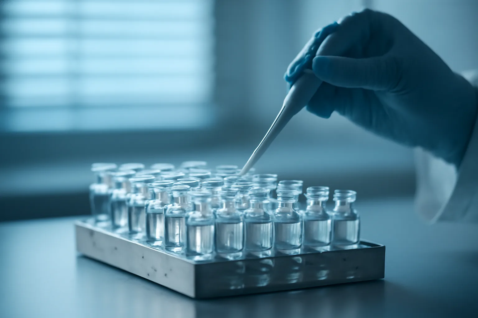 Researcher handling vials on a lab bench during rapamycin longevity research