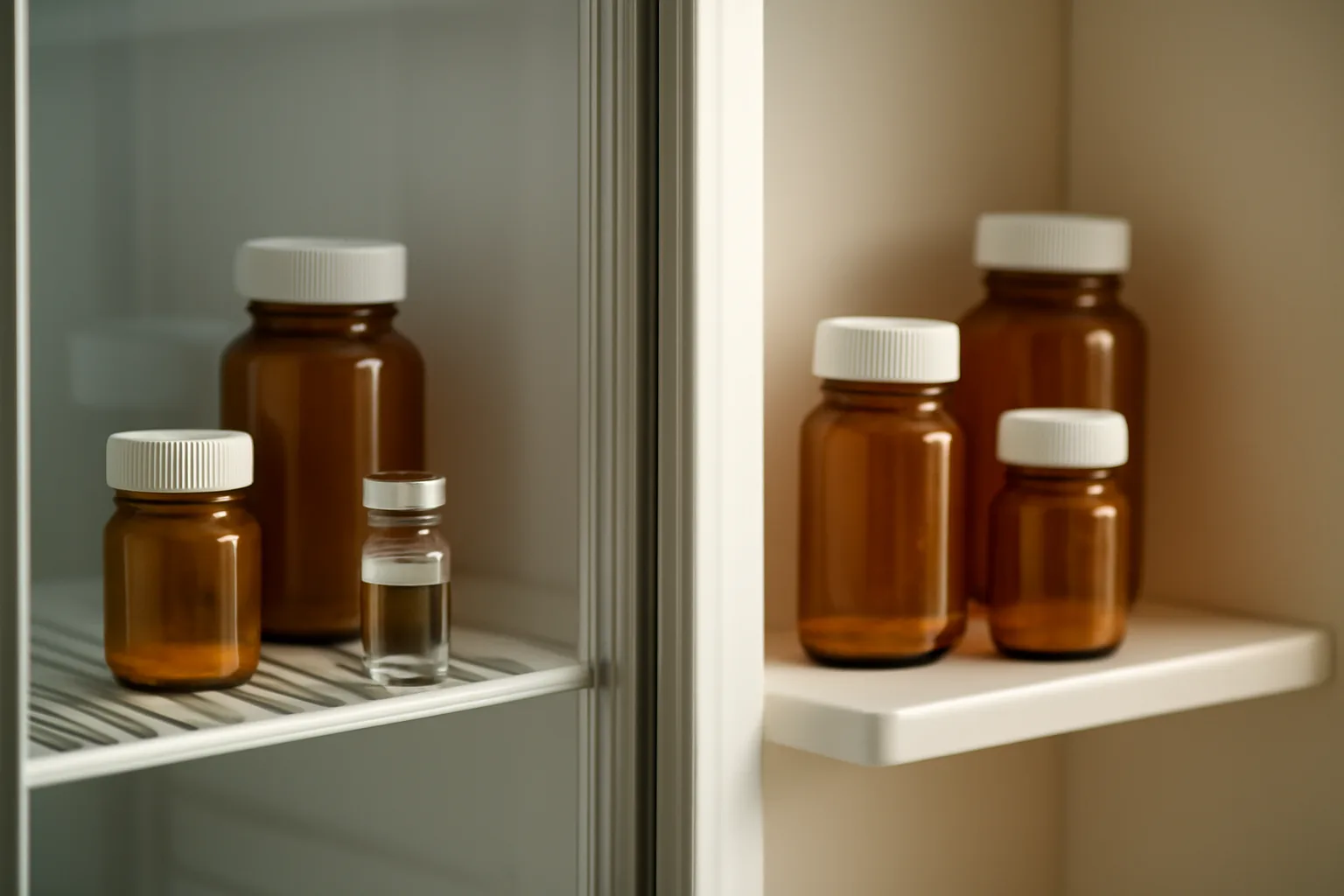 Amber medicine bottles shown near both a refrigerator shelf and room-temperature cabinet