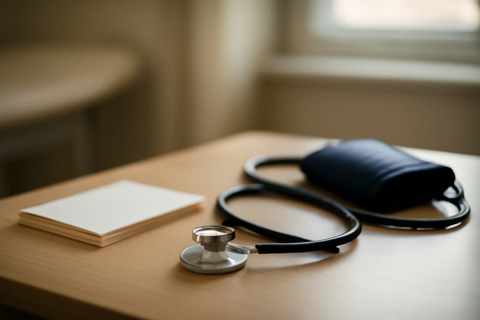 Doctor's desk with stethoscope and lab slips, evoking sirolimus safety monitoring in clinical care