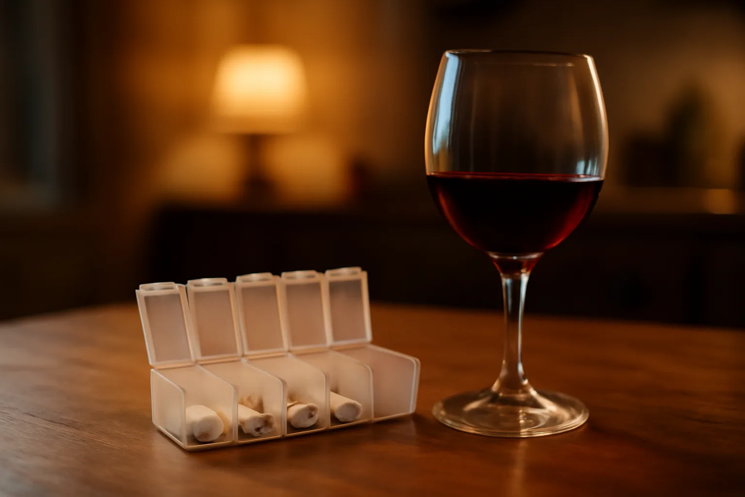 Pill organizer and a glass of wine on a table, illustrating sirolimus and alcohol interaction question