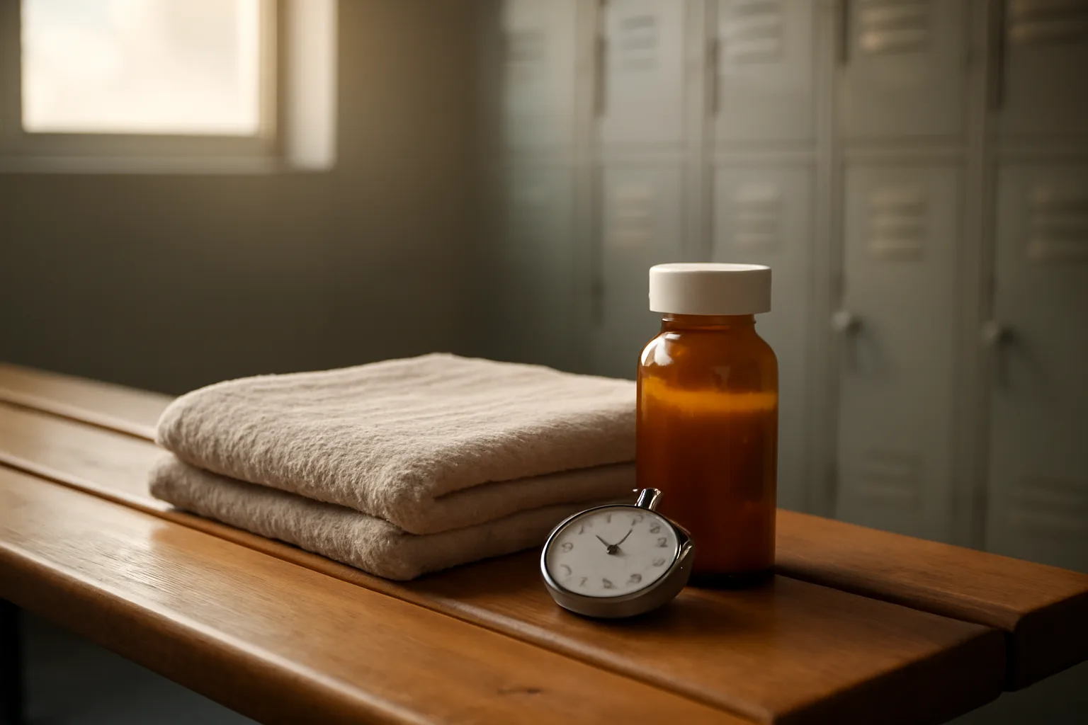 Locker room bench with unlabeled medication bottle, evoking sirolimus and athlete drug testing questions
