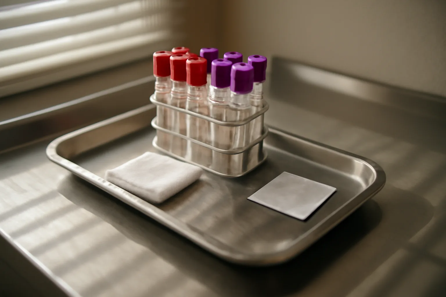 Blood collection tubes and phlebotomy tray on a clinic counter, morning light