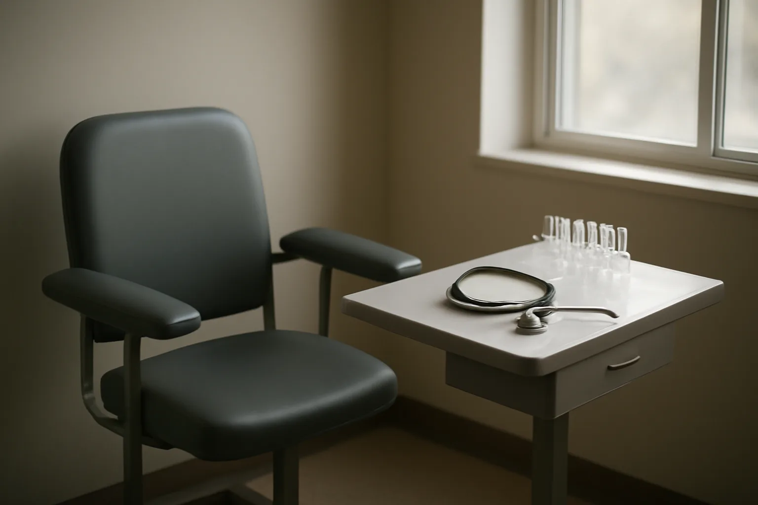 Empty clinical exam room with blood draw chair, representing sirolimus safety monitoring
