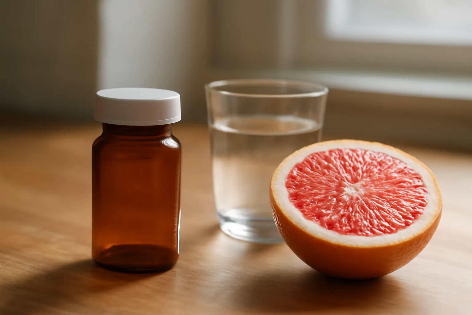 Prescription bottle beside a cut grapefruit on a kitchen counter, illustrating a sirolimus drug interaction