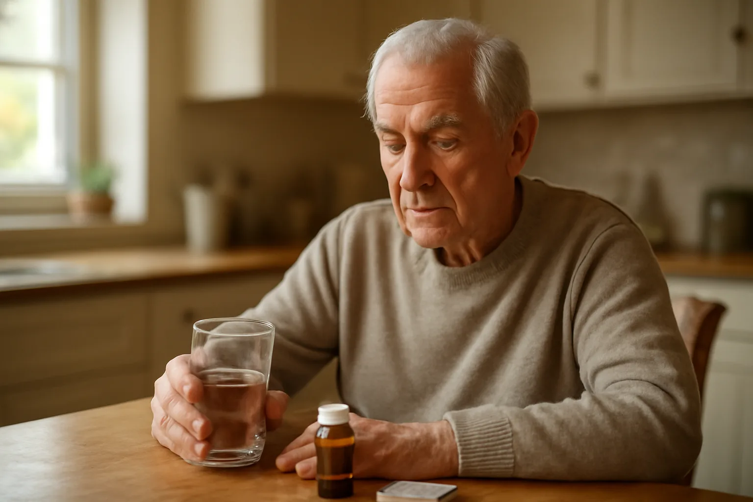 Older man at a kitchen table with water and medication, considering sirolimus use
