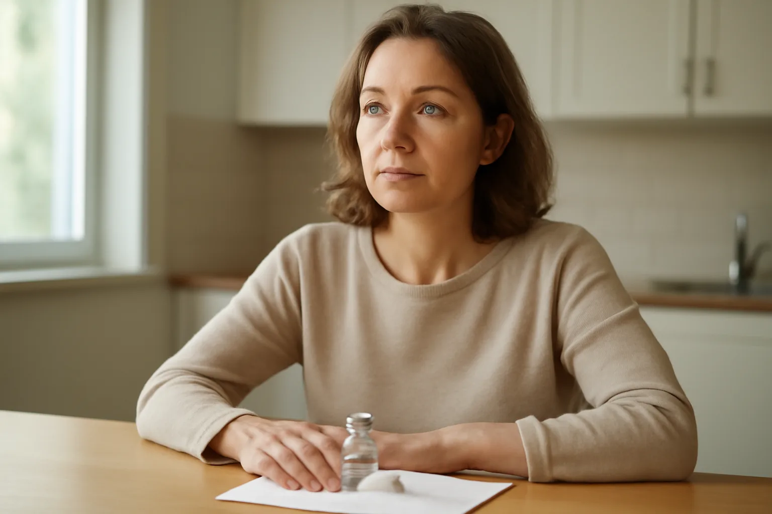 Woman at a kitchen table with a vial and syringe for sirolimus rx preparation