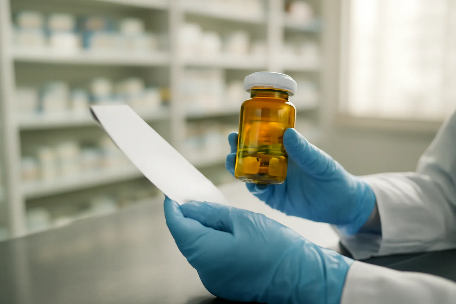 Pharmacist verifying a prescription vial in a licensed pharmacy setting
