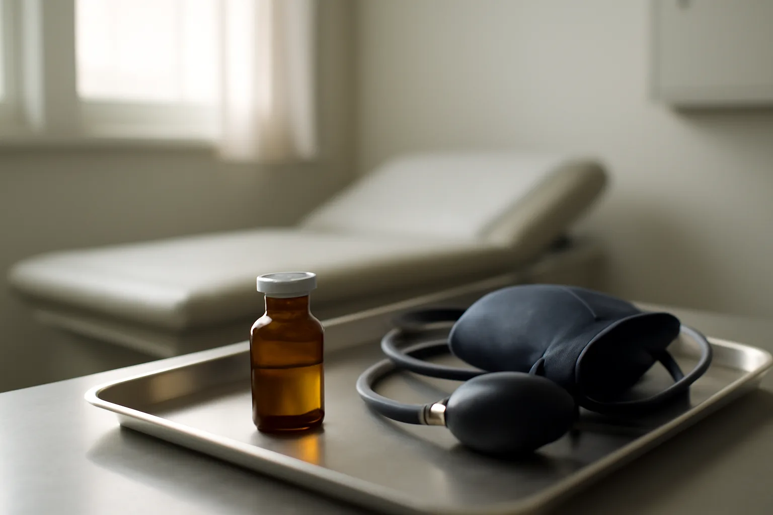 Clinical exam room tray with vial and blood pressure cuff, evoking sirolimus side effect monitoring