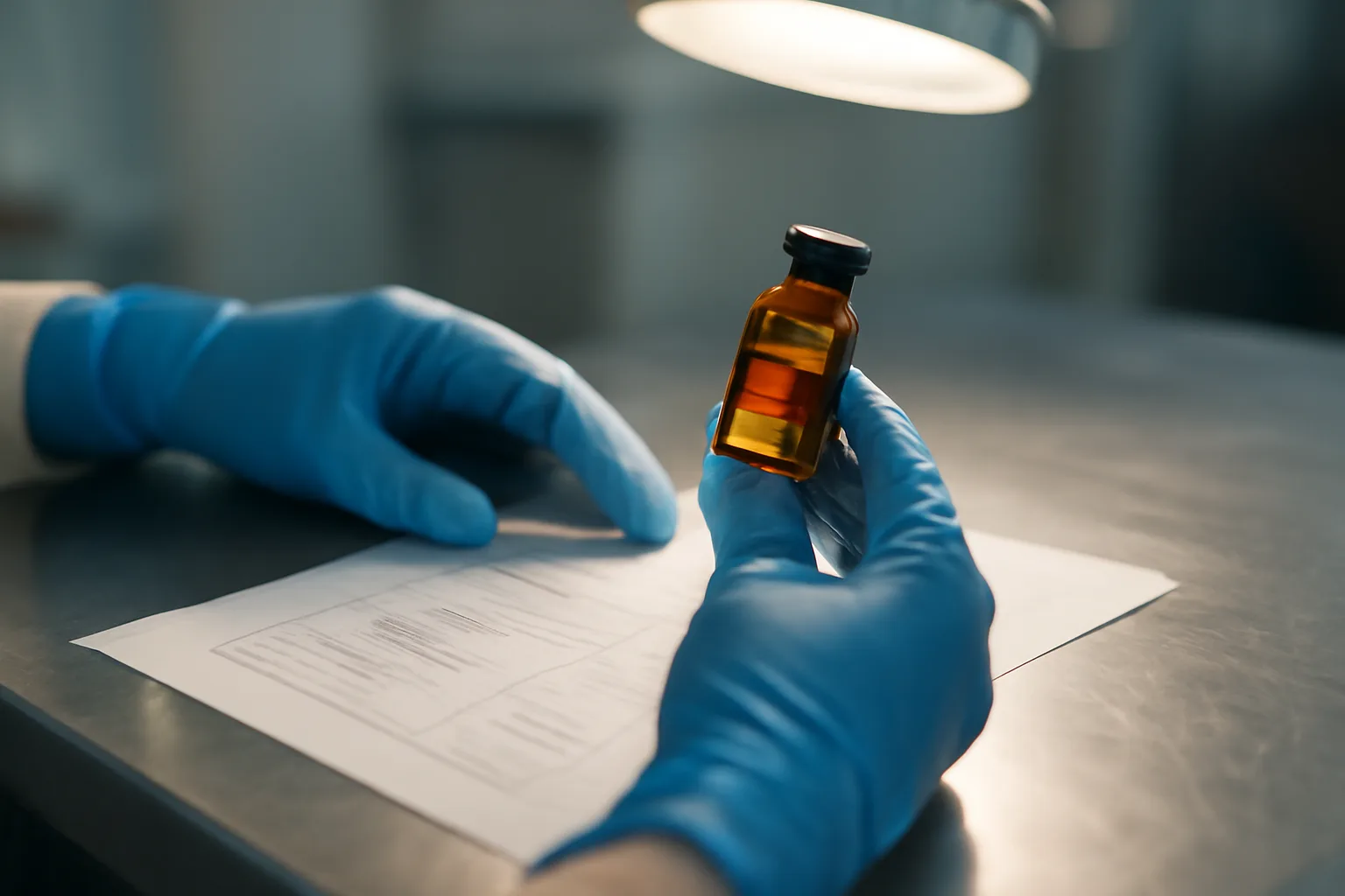 Pharmacist reviewing a medication vial and lab analysis sheet to verify sirolimus quality