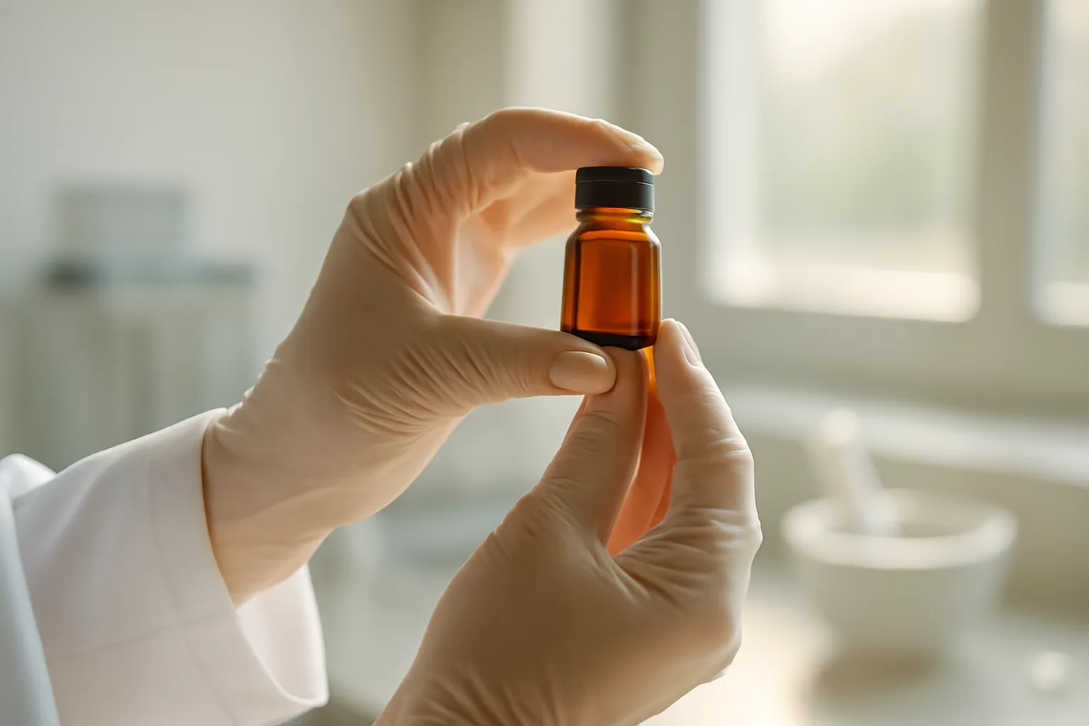 Pharmacist examining a compounded sirolimus vial under natural light in a lab setting
