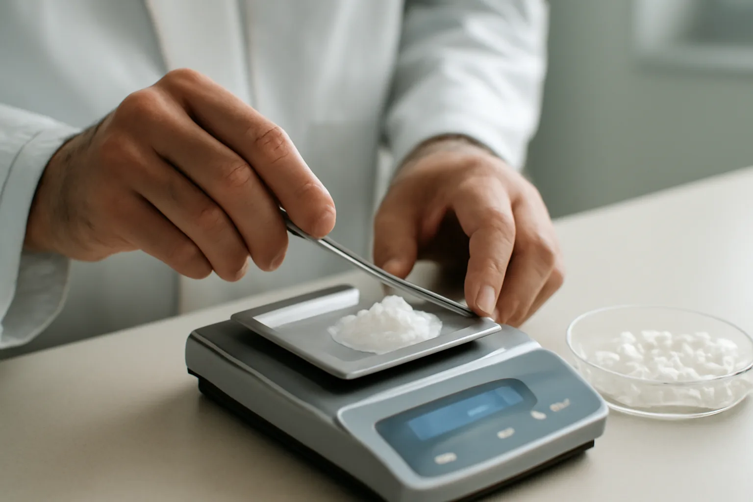 Pharmacist compounding sirolimus capsules by hand, weighing powder next to empty capsule shells