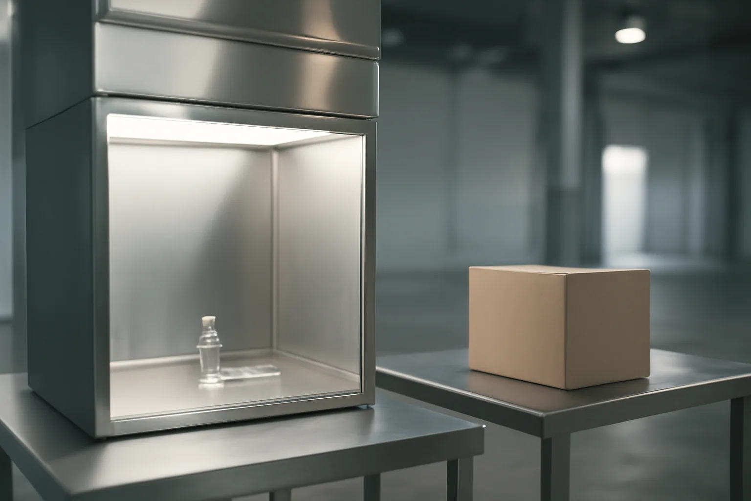 Sterile compounding hood with vial beside a plain unmarked shipping box, contrasting pharmacy and research sourcing