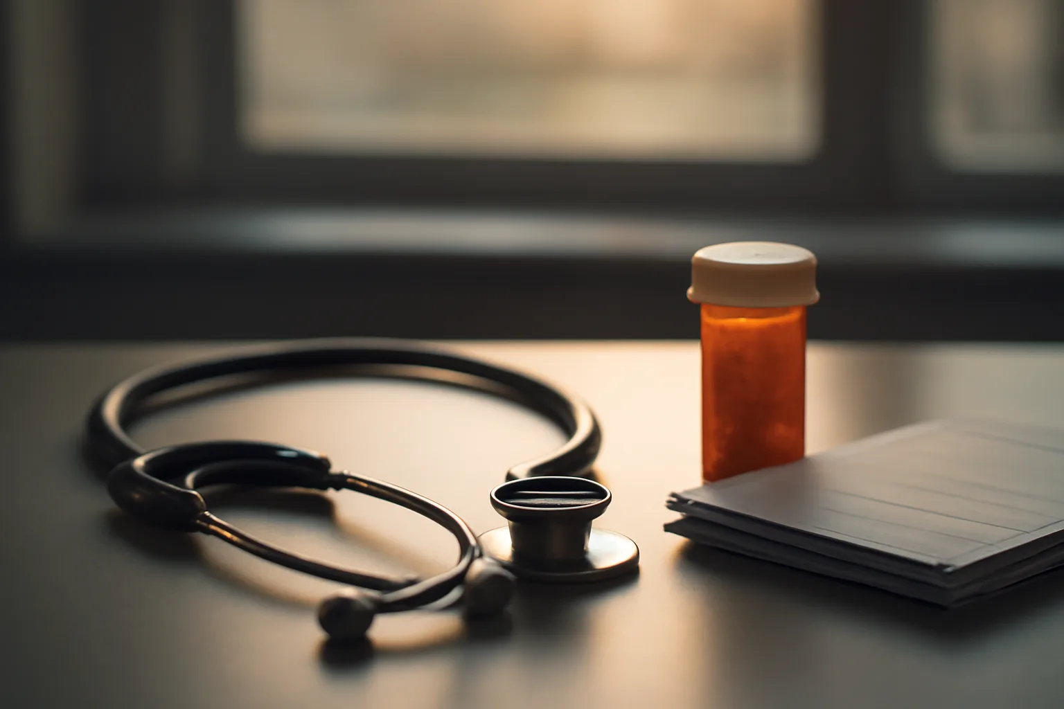 Prescription vial and lab paperwork on a clinician's desk representing sirolimus prescription requirements