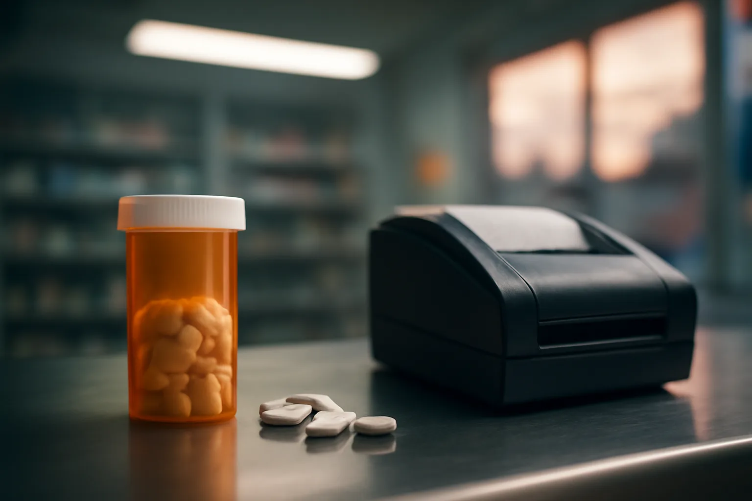 Pharmacy counter with pill bottle and tablets illustrating sirolimus price without insurance