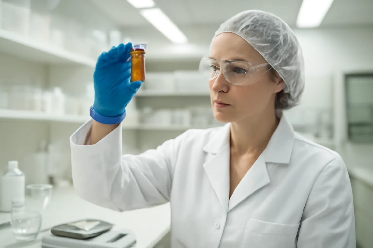Pharmacist inspecting a capsule vial in a sterile compounding lab setting