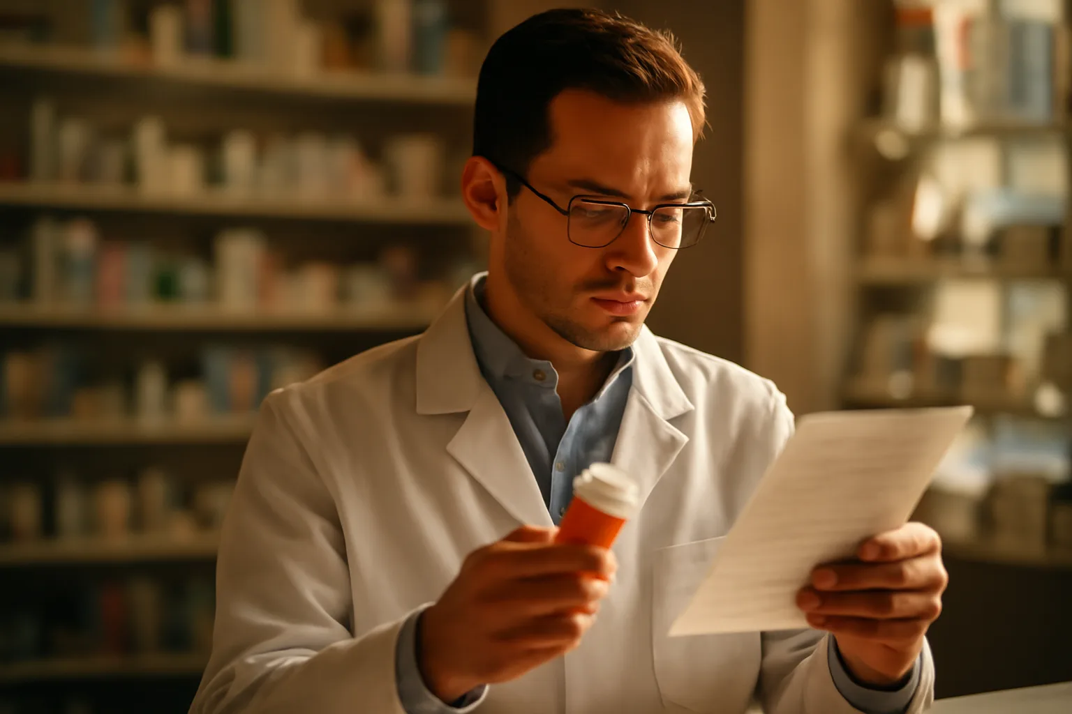 Pharmacist verifying a prescription bottle at a pharmacy counter